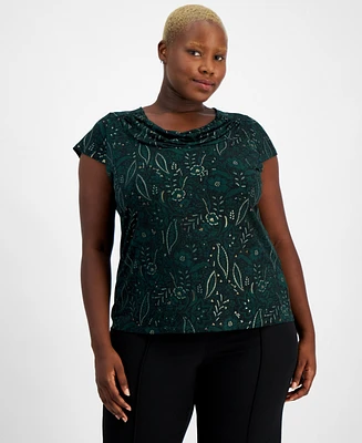 Kasper Plus Size Paisley-Print Cowlneck Cap-Sleeve Top