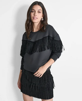 Dkny Women's Embellished-Fringe Long-Sleeve Crewneck Top