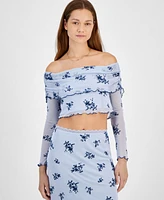 Tinseltown Juniors' Off-The-Shoulder Cropped Mesh Long Sleeve