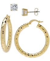 2-Pc. Set Lab-Grown White Sapphire Stud & Textured Medium Hoop Earrings (2-1/10 ct. t.w.) in 14k Gold-Plated Sterling Silver