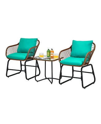 Gymax 3PCS Outdoor Bistro Set Patio Conversation Furniture Set w/ Turquoise Cushions