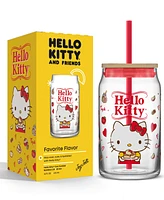 JoyJolt Hello Kitty and Friends Favorite Flavor Hello Kitty Can Shaped Glass Tumbler with Wood Lid and Straw