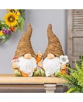 Slickblue Distressed Garden Gnome Statue With Mushroom And Flower Accent (Set of 2)