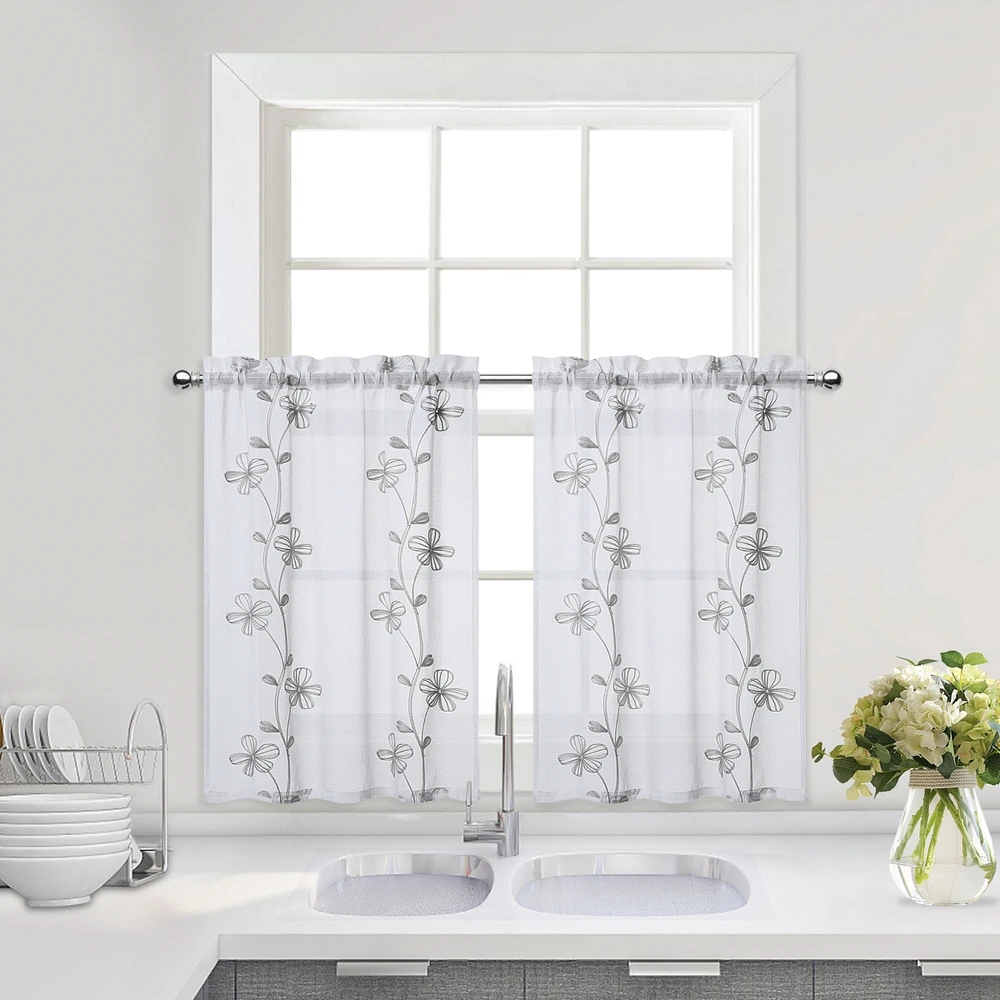 Caromio Floral Embroidered Voile Sheer Kitchen Tier Window Curtain Pair, 52" x 30"