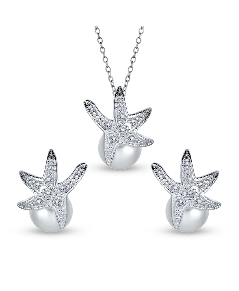 Bling Jewelry Nautical Cz Beach White Simulated Pearl 8MM Jewelry Set Starfish Necklace Pendant Stud Earring For Women Sterling Silver