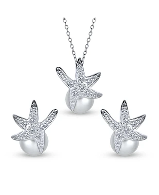 Bling Jewelry Nautical Bride Cz Beach Destination Wedding White Simulated Pearl 8MM Jewelry Set Starfish Necklace Pendant Stud Earring For Women Bride