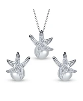 Bling Jewelry Nautical Cz Beach White Simulated Pearl 8MM Jewelry Set Starfish Necklace Pendant Stud Earring For Women Sterling Silver