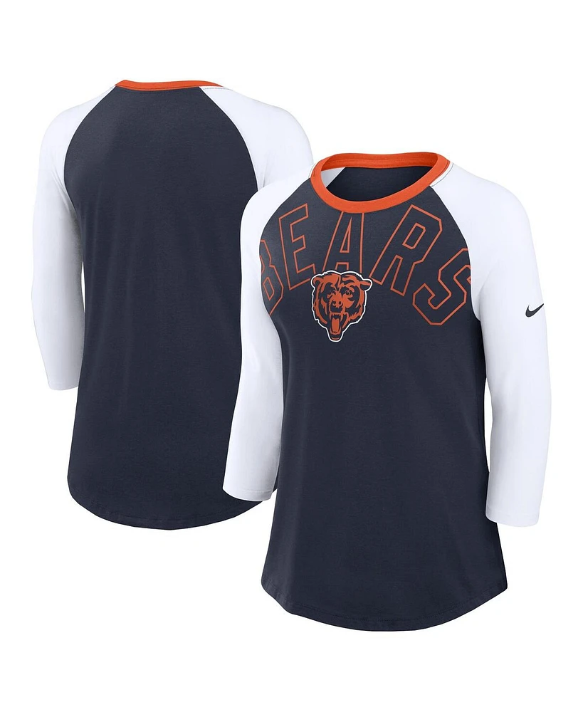 Nike Women's Navy/White Chicago Bears Knockout Arch Raglan Tri-Blend 3/4-Sleeve T-Shirt