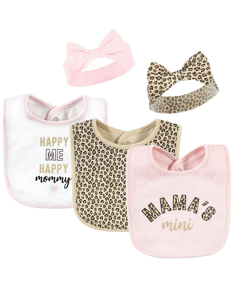 Hudson Baby Baby Girls Cotton Bib and Headband or Caps Set, Leopard Mamas Mini, One