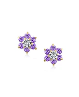 Bling Jewelry Tiny Purple Cz Flower Stud Earrings For Women For Teen Cubic Zirconia Simulated Amethyst 14K Real Gold Screw back