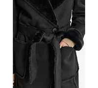 Dkny Women's Belted Notched-Collar Faux-Shearling Coat, Created for Macy's