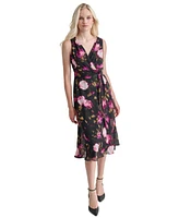 Dkny Women's Floral V-Neck Belted Sleeveless Dress