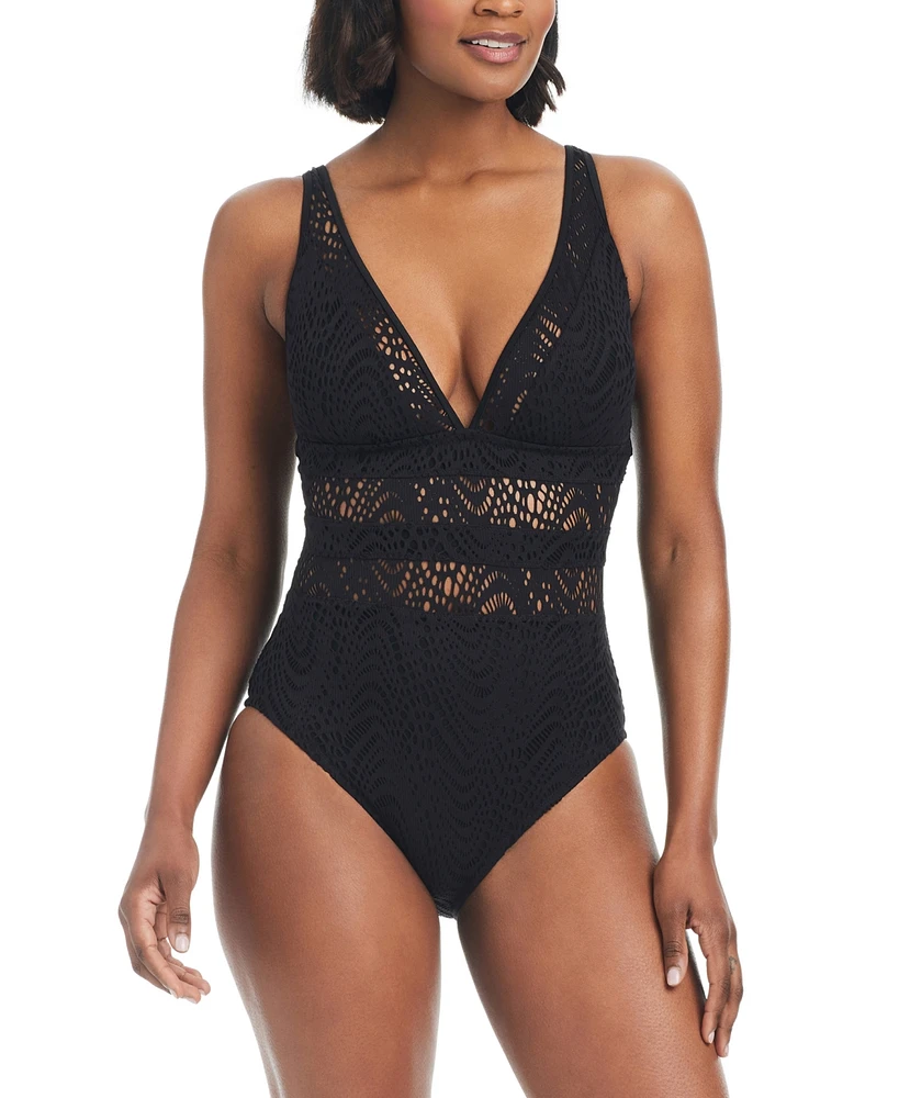 Bar Iii Women's Crochet Plunge-Neck One-Piece Swimsuit, Created for Macy's