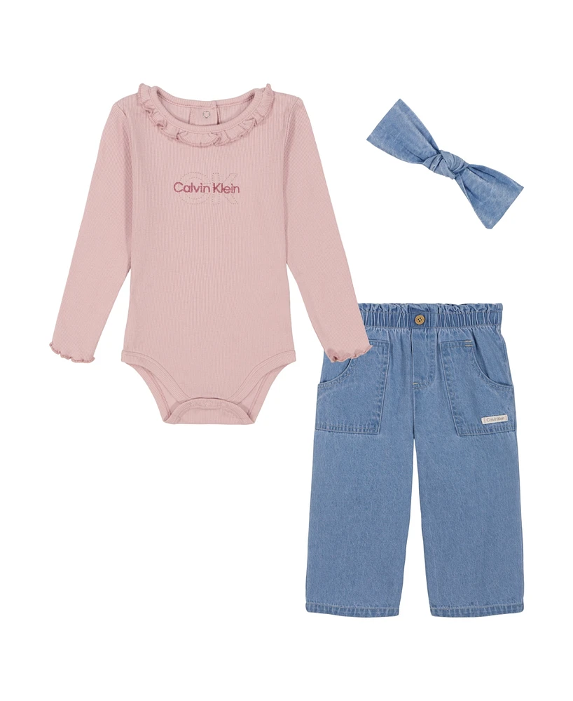 Calvin Klein Baby Girl Ribbed Logo Long Sleeve Bodysuit Denim Pull-Up Pants and Headband Set