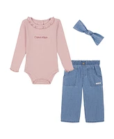 Calvin Klein Baby Girl Ribbed Logo Long Sleeve Bodysuit Denim Pull-Up Pants and Headband Set