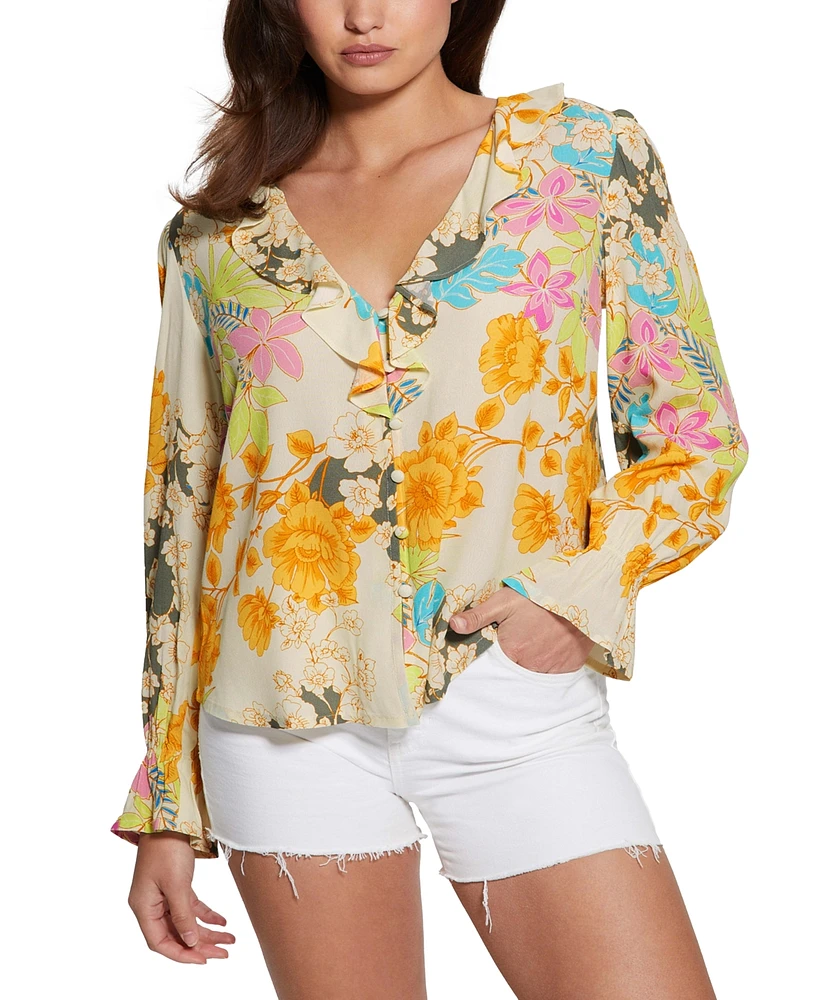 Guess Women's Toni Ruffled V-Neck Long-Sleeve Top