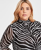 Bar Iii Trendy Plus Zebra-Print Mock-Neck Mesh Dress, Created for Macy's