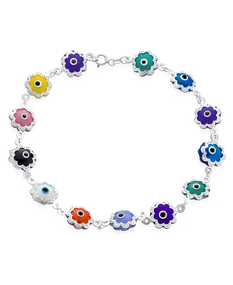 Bling Jewelry Amulet Turkish Multi Color Charm Retro Flower Power Floral Round Flower Frame Evil Eyes Anklet Link Ankle Bracelet Sterling Silver 9.5 I