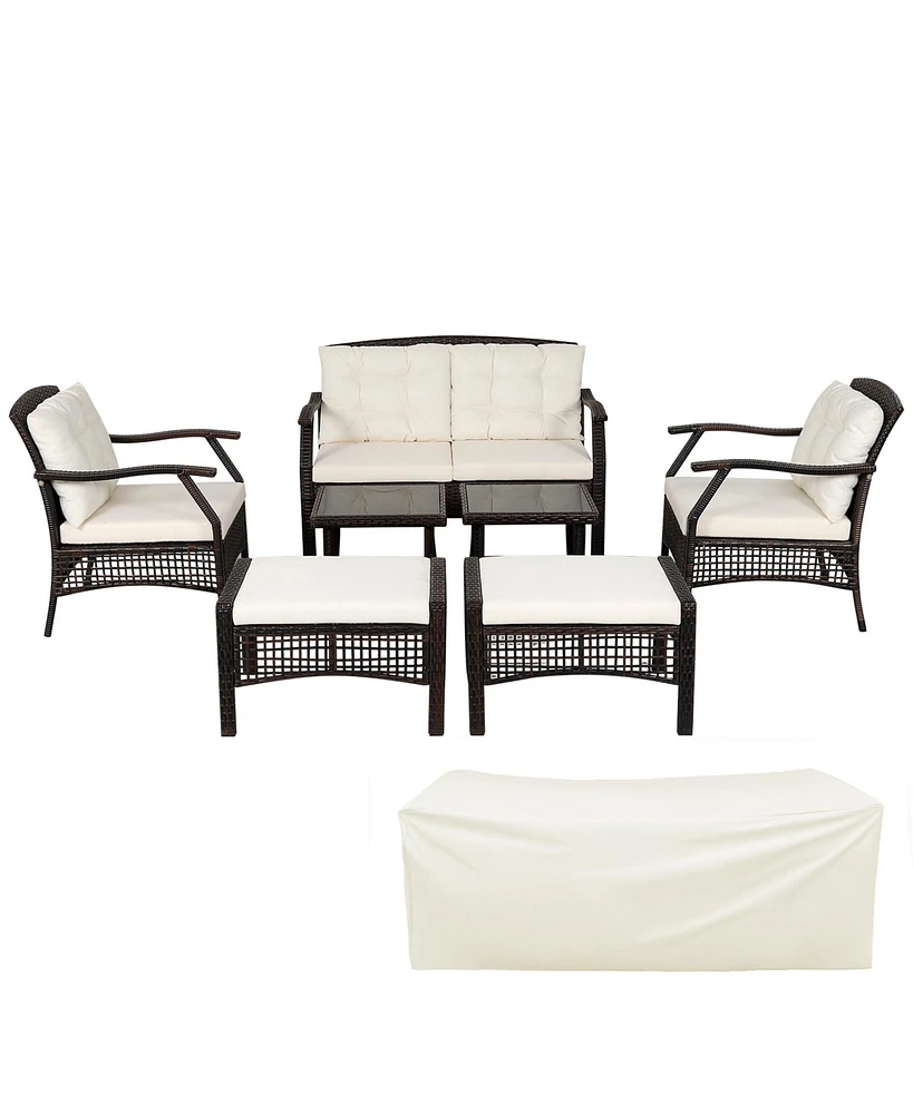 Gymax 7PCS Rattan Patio Conversation Sofa Furniture Set w/ Cushions & Waterproof Cover