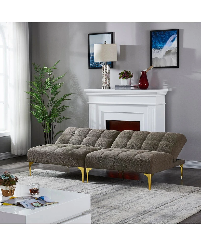 Simplie Fun Convertible Sofa Bed Futon With Gold Metal Legs Teddy Fabric (Taupe)