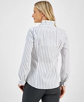 Anne Klein Women's Striped Ruffle-Trim Button-Front Cotton Shirt