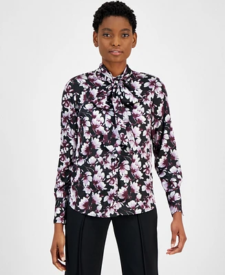 Anne Klein Women's Printed Tie-Neck Button-Front Blouse