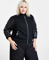 Bar Iii Trendy Plus Size Mixed-Media Bomber Jacket, Created for Macy's