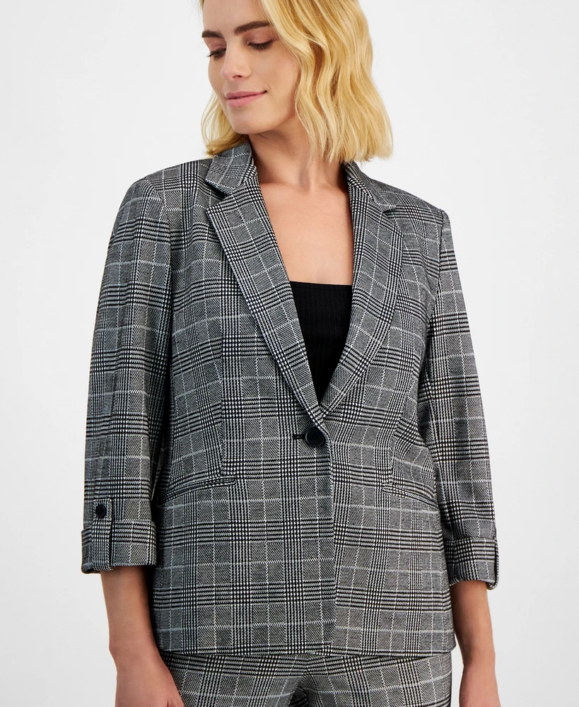 Ak Anne Klein Petite Plaid One-Button 3/4-Sleeve Blazer