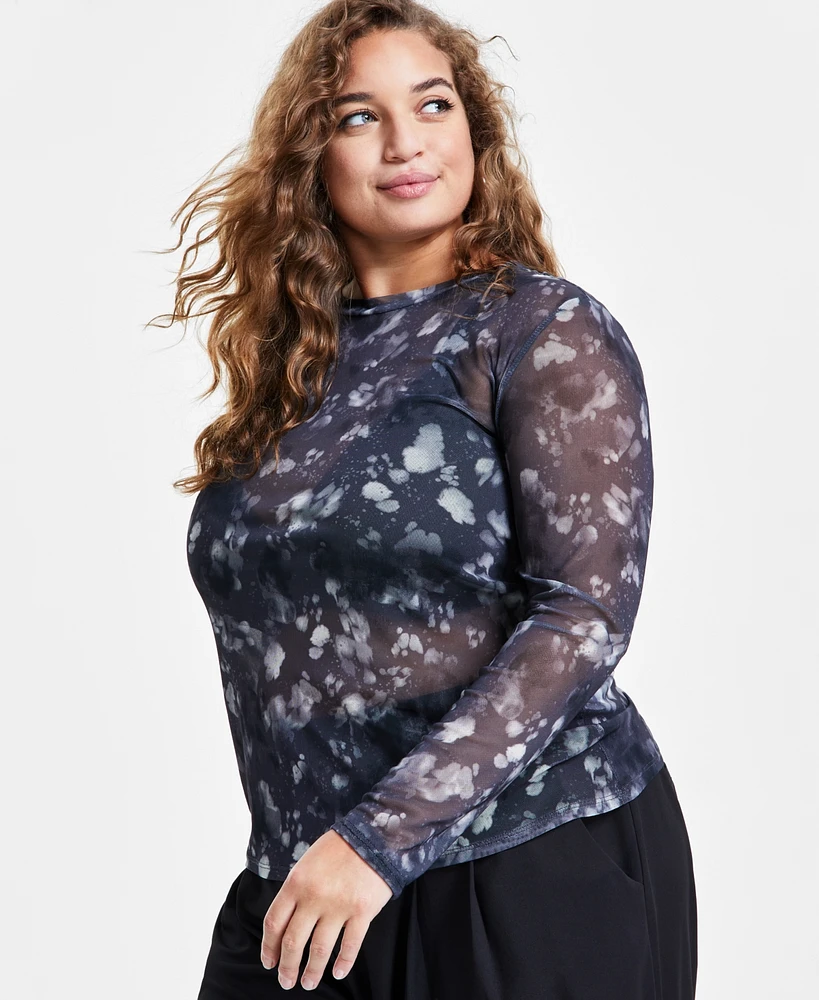 Bar Iii Trendy Plus Printed Mesh Crewneck Top, Created for Macy's