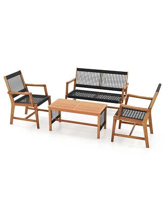 Gymax 4 Pieces Conversation Set Acacia Wood Loveseat Chair & Table for Patio