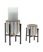 Slickblue Geometric Wood Design Candle Holder With Metal Stand (Set of 2)