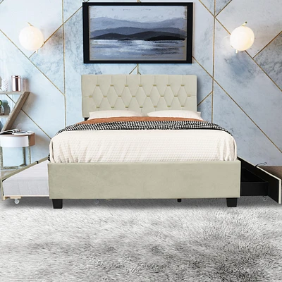 Streamdale Furniture Beige Queen Size Trundle Pull Out Drawers Storage Upholstered Bed Modern Design No Box Spring Required
