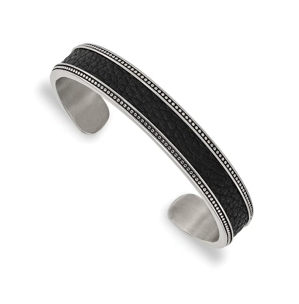 Chisel Stainless Steel with Textured Leather Inlay Cuff Bangle