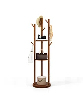 Slickblue Freestanding Wooden Coat Tree with 3 Display Storage Shelves and 9 Hooks