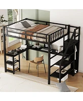 Simplie Fun Metal Full Loft Bed with Wardrobe and Led Light, Full Size Loft Bed with L Shaped Desk and Usb for Kids Teens Adults, Black