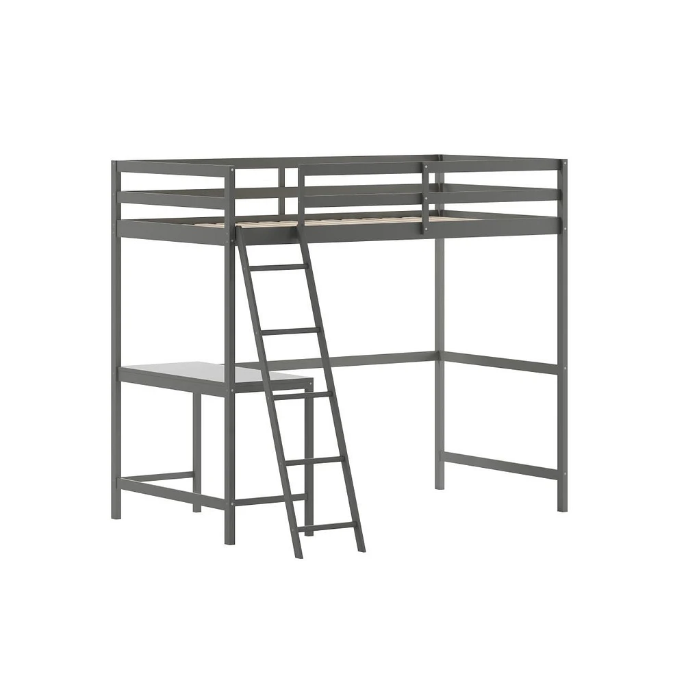 Emma+Oliver Ridley Twin Wood Loft Bed Frame With Protective Guardrails And Integrated Desk Ladder For Use Any 6-8" Thick Mattress