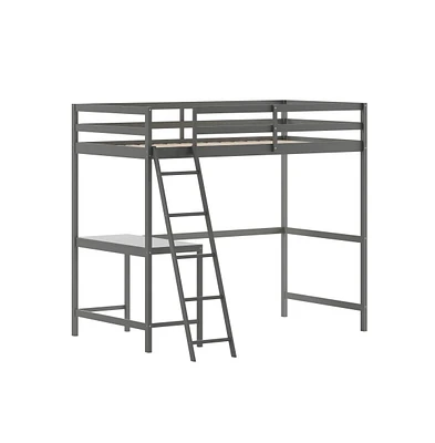 Emma+Oliver Ridley Twin Wood Loft Bed Frame With Protective Guardrails And Integrated Desk Ladder For Use Any 6-8" Thick Mattress