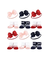 Hudson Baby Infant Girl 12Pc Headband and Socks Giftset, Red Navy Bows, One Size