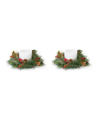 Slickblue Mixed Pine And Magnolia Candle Ring - 16 Inches (Set of 2)