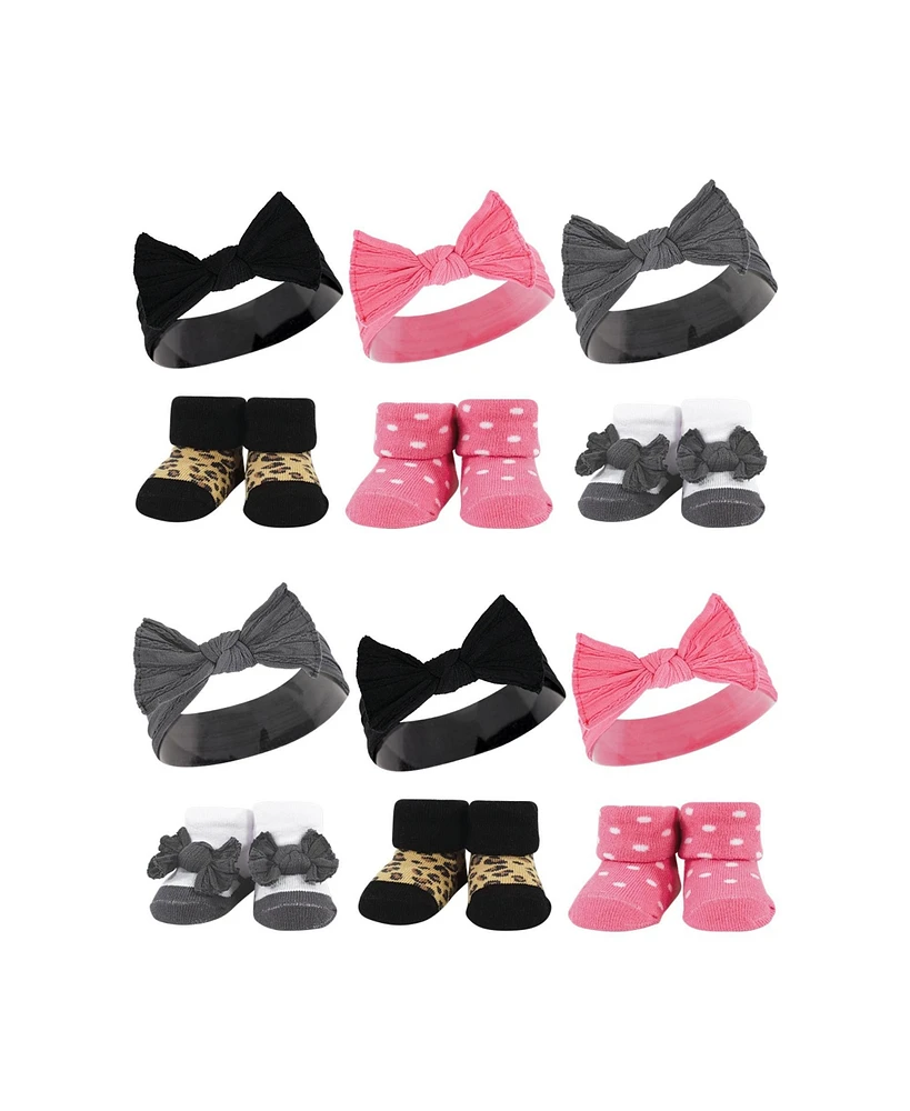 Hudson Baby Infant Girl 12Pc Headband and Socks Giftset, Black Wild Rose Leopard, One Size