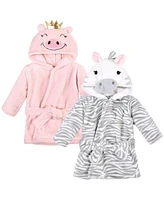 Hudson Baby Baby Girls 2Pc Plush Animal Face Bathrobe, Pig Gray Zebra, 0-9 Months