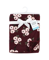 Hudson Baby Infant Girl Plush Blanket with Furry Binding and Back, Burgundy Floral, One Size