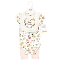 Hudson Baby Girls Cotton Bodysuit, Pant and Bib Set, Soft Painted Floral, 6-9 Months