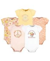 Hudson Baby Girls Cotton Bodysuits, Peace Love Flowers 5 Pack