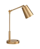 360 Lighting Sully Mid Century Modern Industrial Desk Table Lamp with Usb and Ac Power Outlet 23.5" High Antique Brass for Living Room Bedroom House B