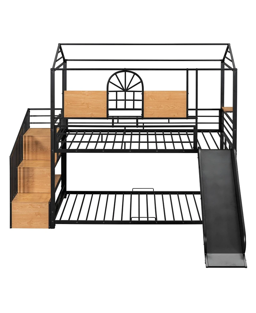 Simplie Fun Twin Over Twin Metal Bunk Bed, Metal Housebed With Slide And Storage Stair Withslide