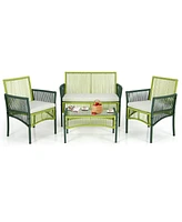 Gymax 4PCS Round Wicker Conversation Set W/ Cushions Tempered Glass Side Table Patio