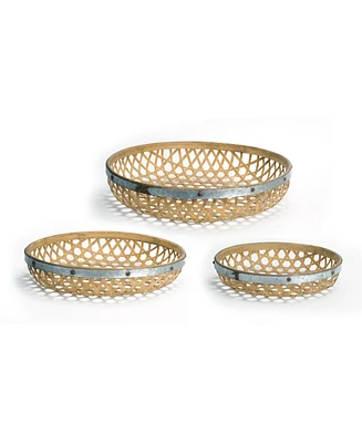 Slickblue Round Woven Wicker Tray With Galvanized Metal Accent (Set of 3)