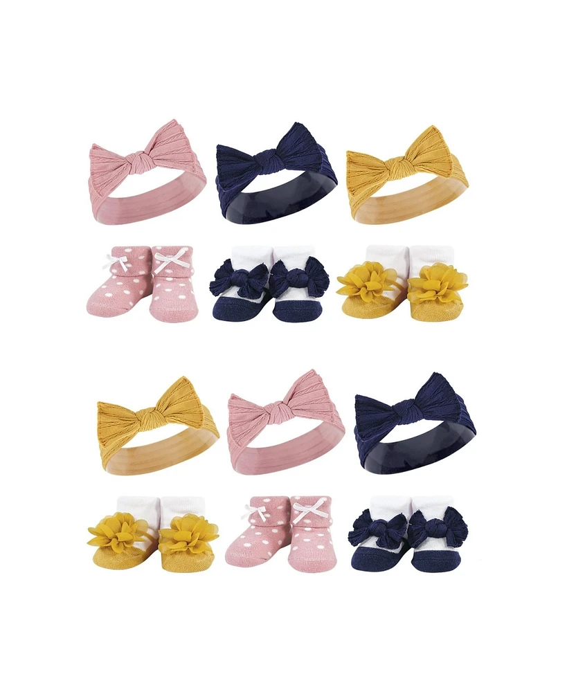 Hudson Baby Infant Girl 12Pc Headband and Socks Giftset, Blush Navy, One Size