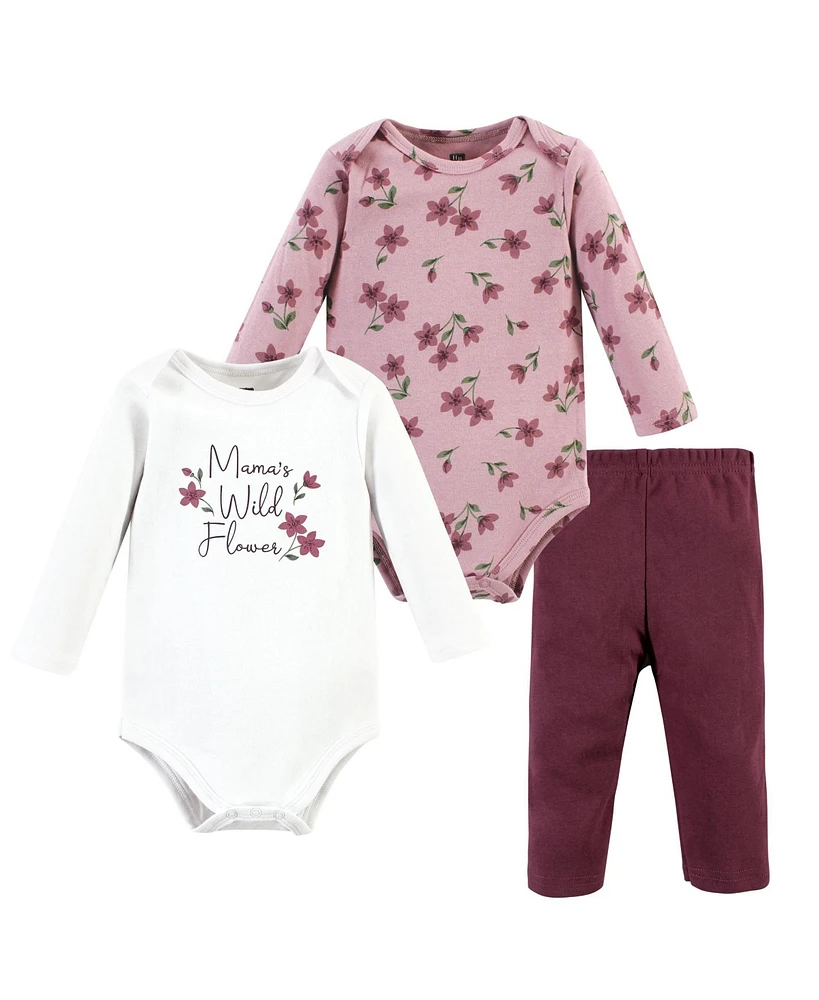 Hudson Baby Girls Cotton Bodysuit and Pant Set, Plum Wildflower Long Sleeve, 12-18 Months